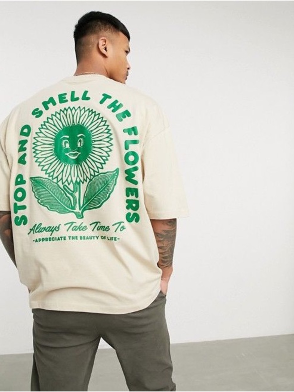 ASOS Cream Short Sleeve Tee with Green Floral Back Print